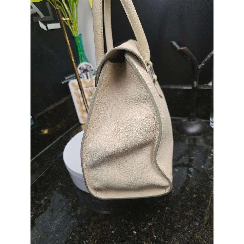 Dooney & Bourke Large Flap Satchel Cream Pebbled Leather Silver Lock Top Handle